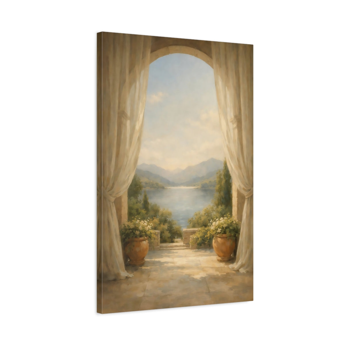 Side Mockup 2. Nature Lake View Muted Landscape shown as stretched canvas wall art