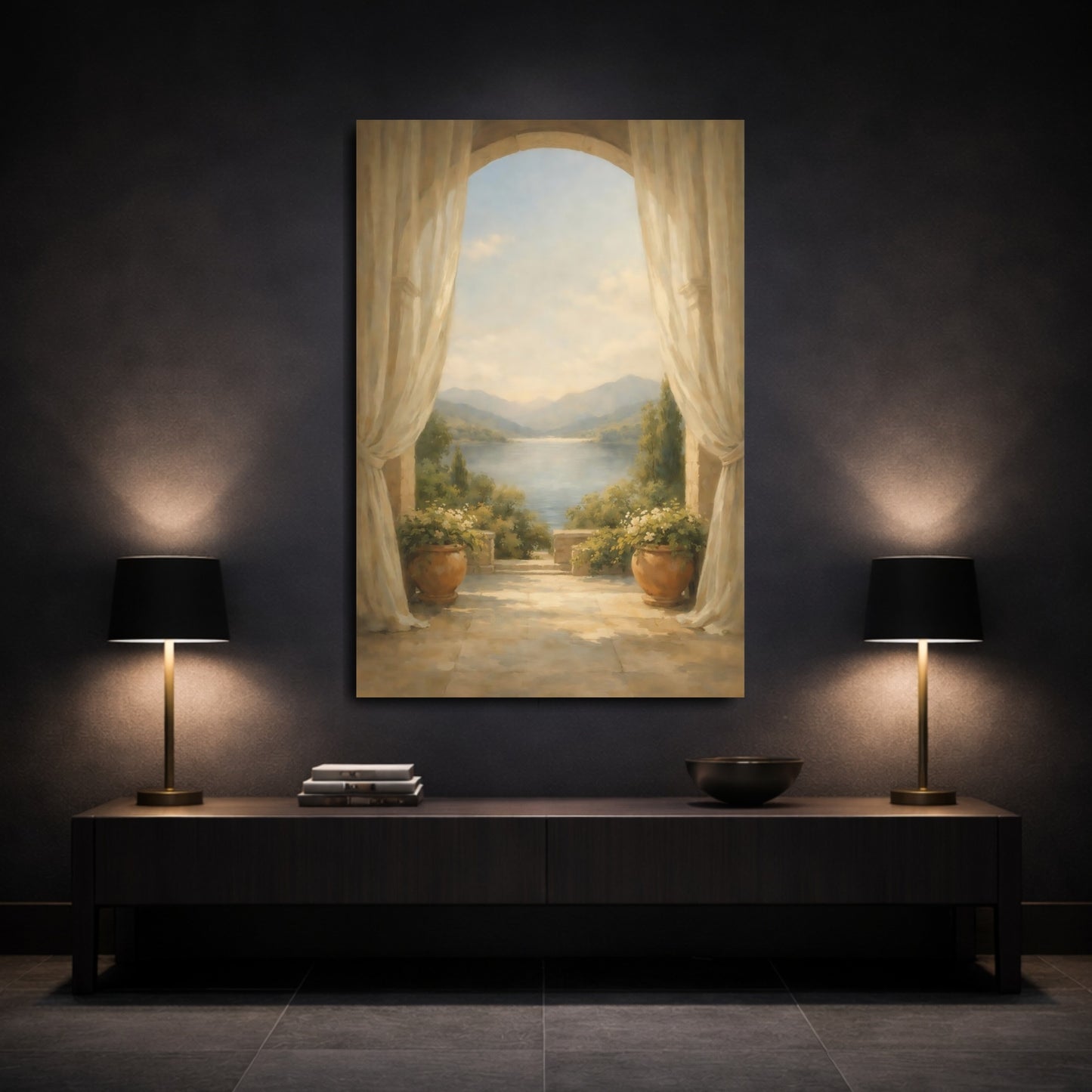 Mockup 2. Nature Lake View Muted Landscape shown as stretched canvas wall art