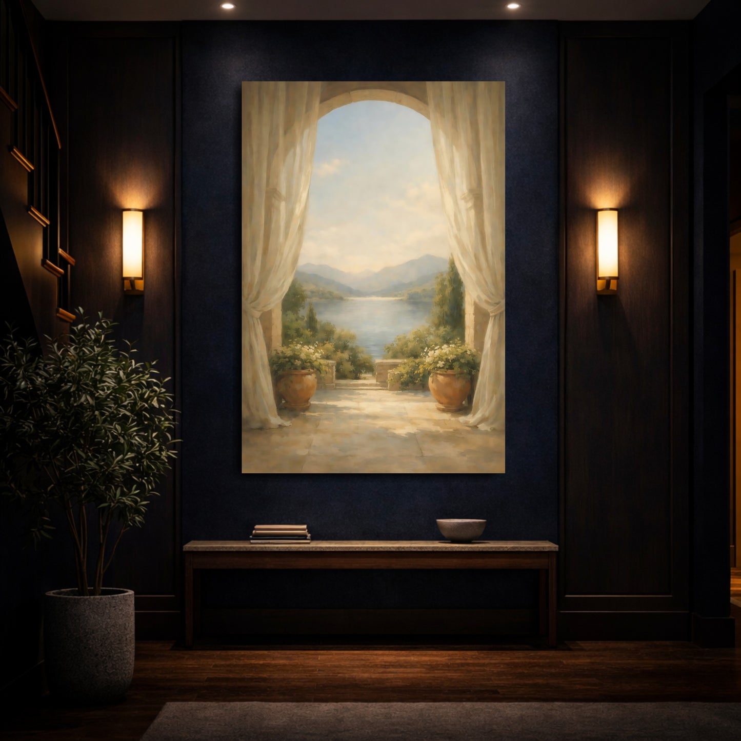 Mockup 3. Nature Lake View Muted Landscape shown as stretched canvas wall art