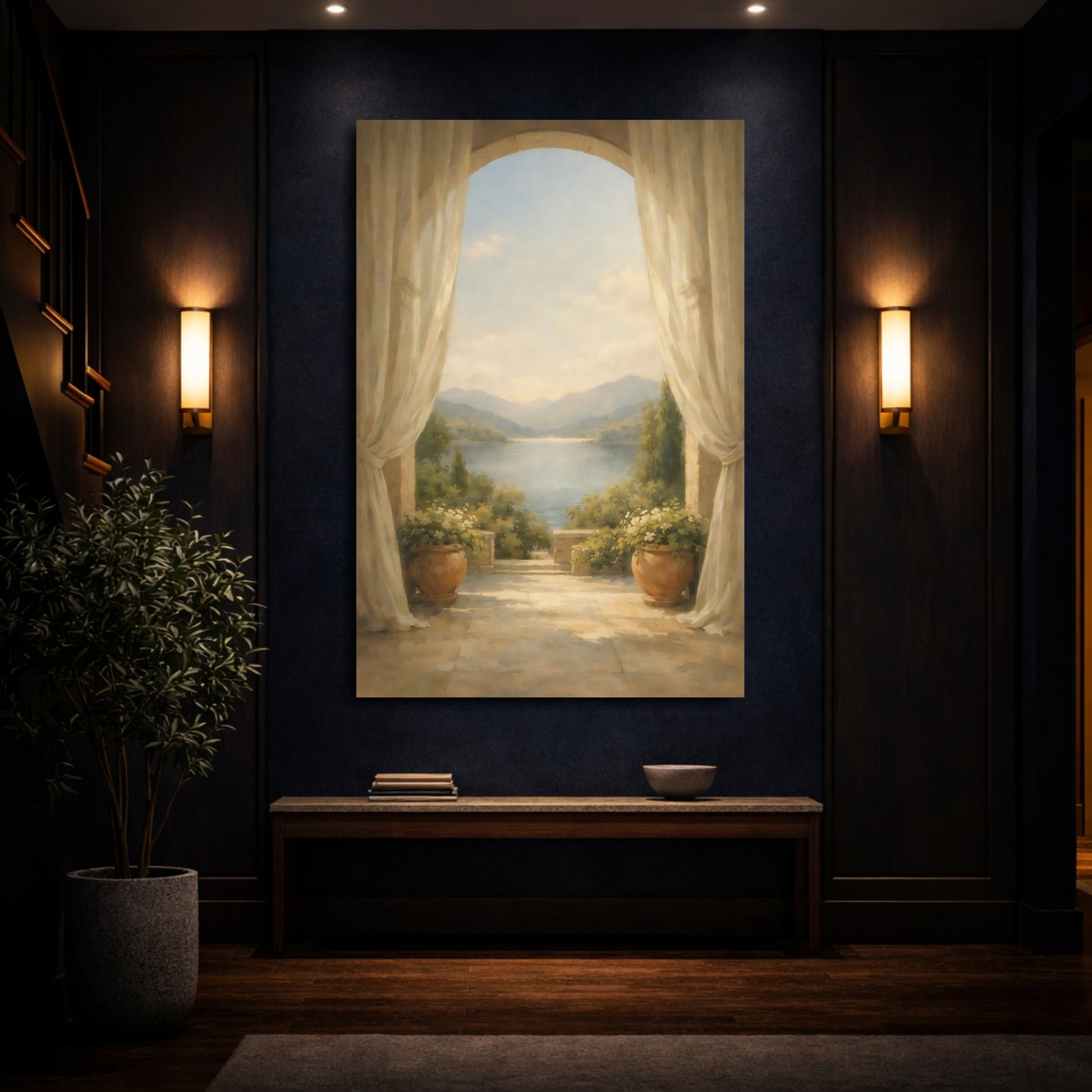 Mockup 3. Nature Lake View Muted Landscape shown as stretched canvas wall art
