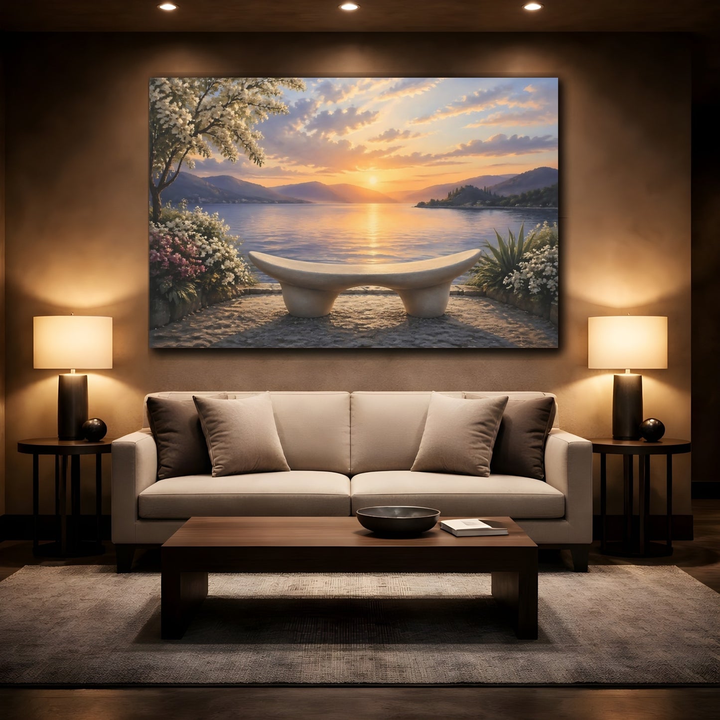 Mockup 2. Nature Lake View Sunset Lake shown as stretched canvas wall art
