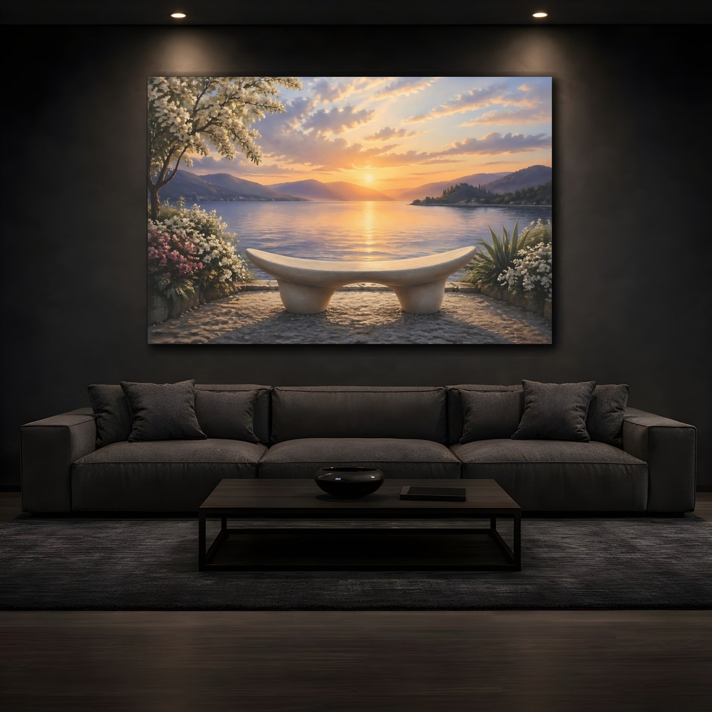 Mockup 3. Nature Lake View Sunset Lake shown as stretched canvas wall art