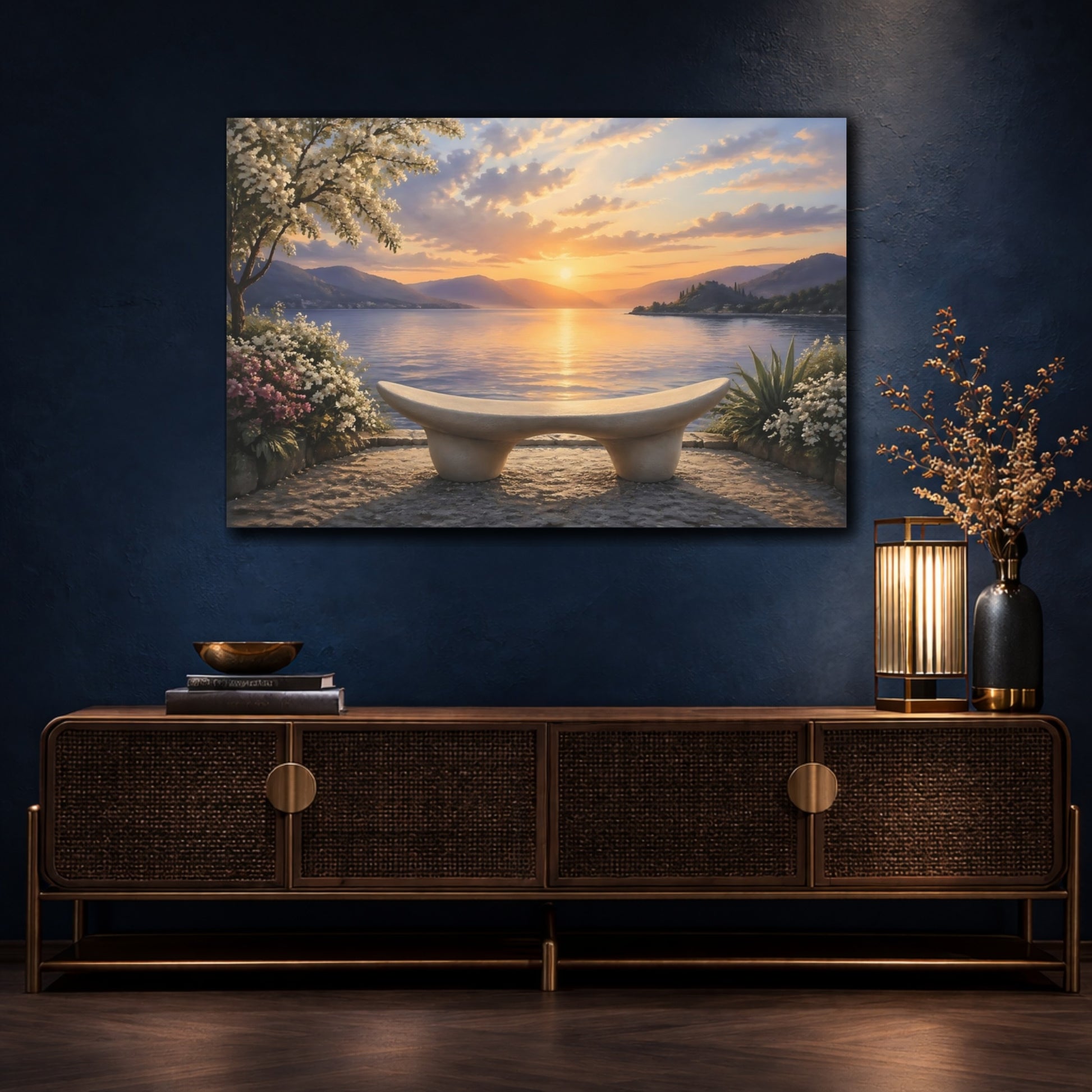Mockup 4. Nature Lake View Sunset Lake shown as stretched canvas wall art