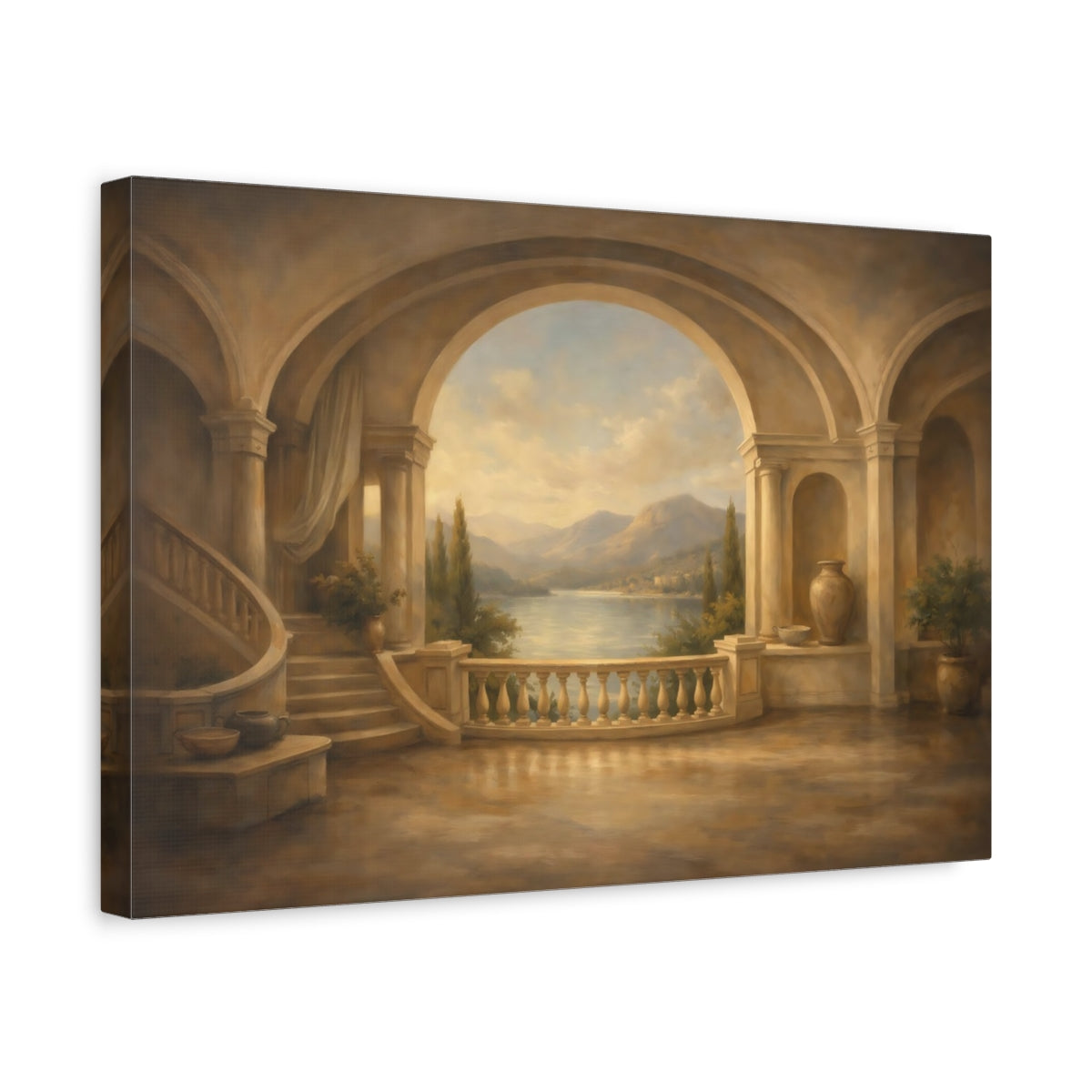 Side Mockup 4. Nature Lake View Tuscan Balcony View shown as stretched canvas wall art