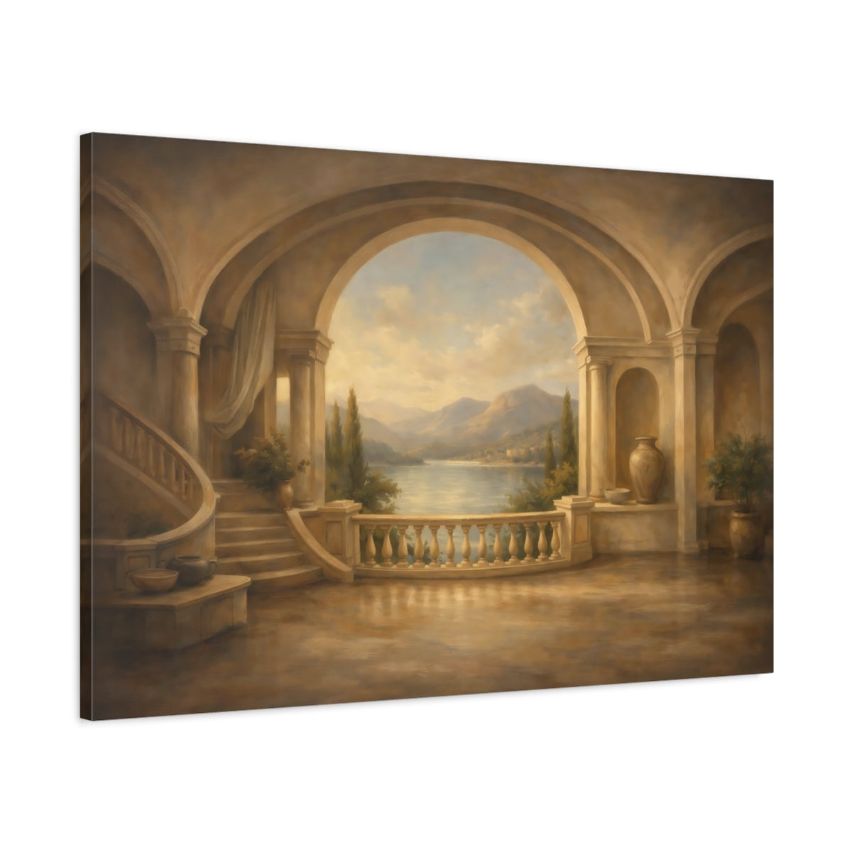 Side Mockup 1. Nature Lake View Tuscan Balcony View shown as stretched canvas wall art