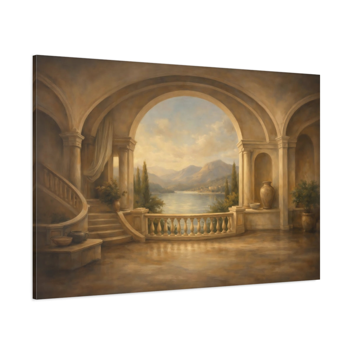 Main Mockup. Nature Lake View Tuscan Balcony View shown as stretched canvas wall art