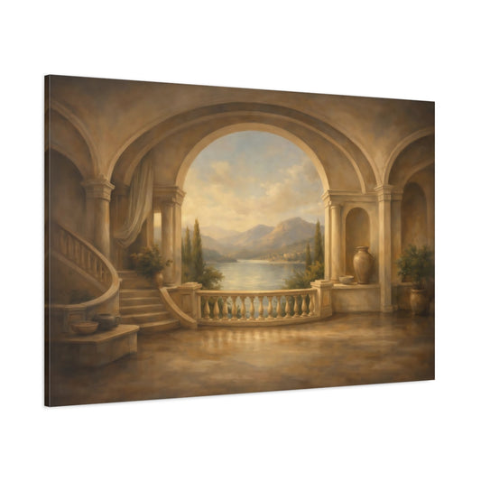 Main Mockup. Nature Lake View Tuscan Balcony View shown as stretched canvas wall art