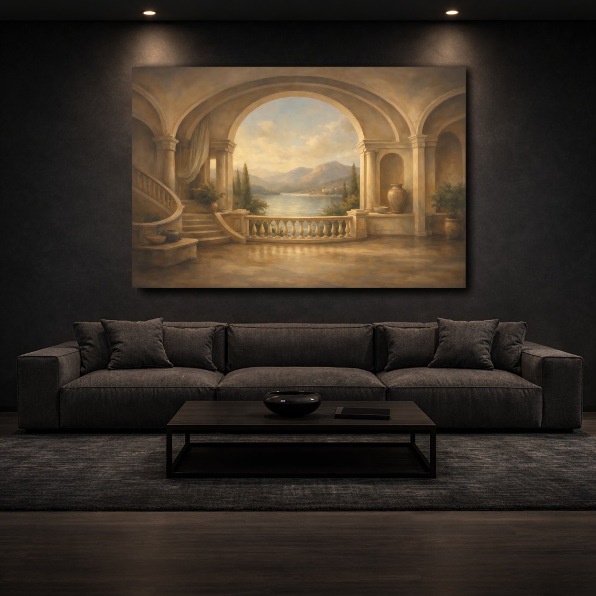 Mockup 2. Nature Lake View Tuscan Balcony View shown as stretched canvas wall art