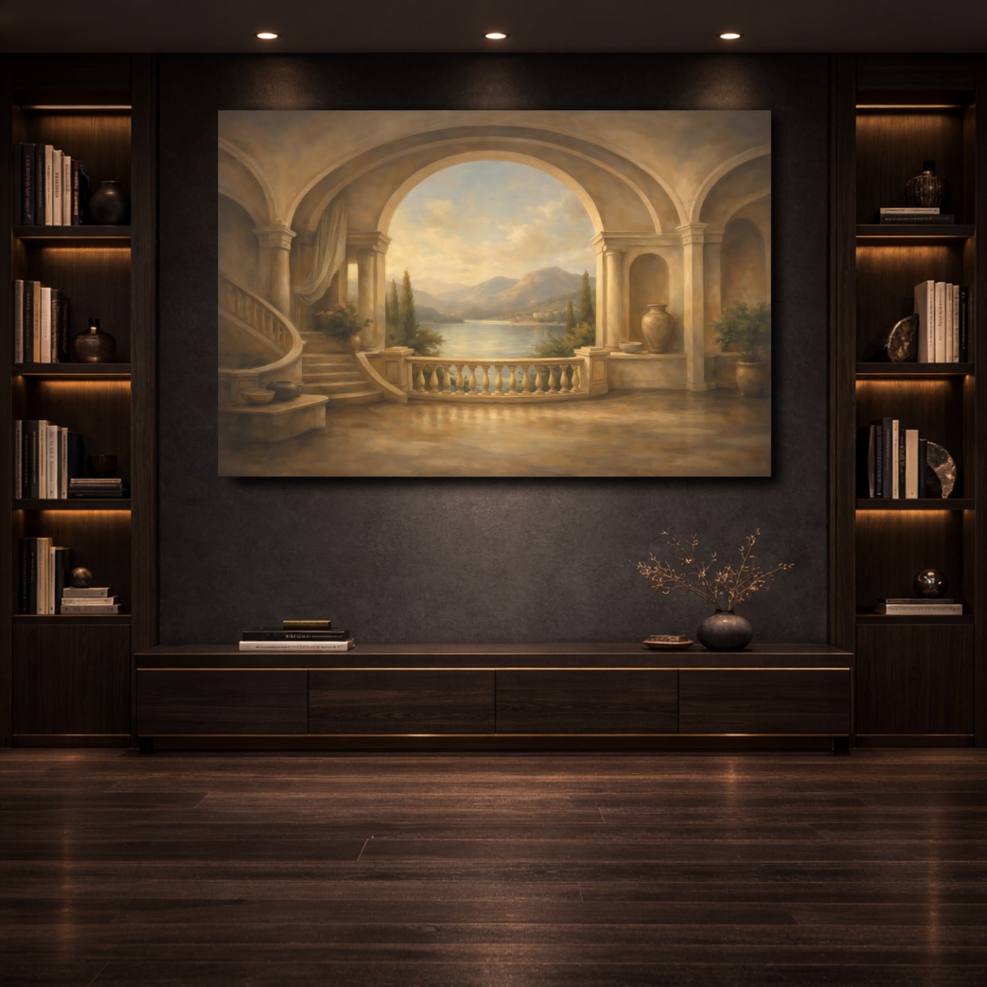 Mockup 3. Nature Lake View Tuscan Balcony View shown as stretched canvas wall art