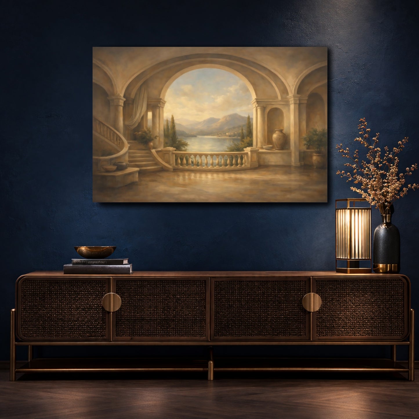 Mockup 4. Nature Lake View Tuscan Balcony View shown as stretched canvas wall art