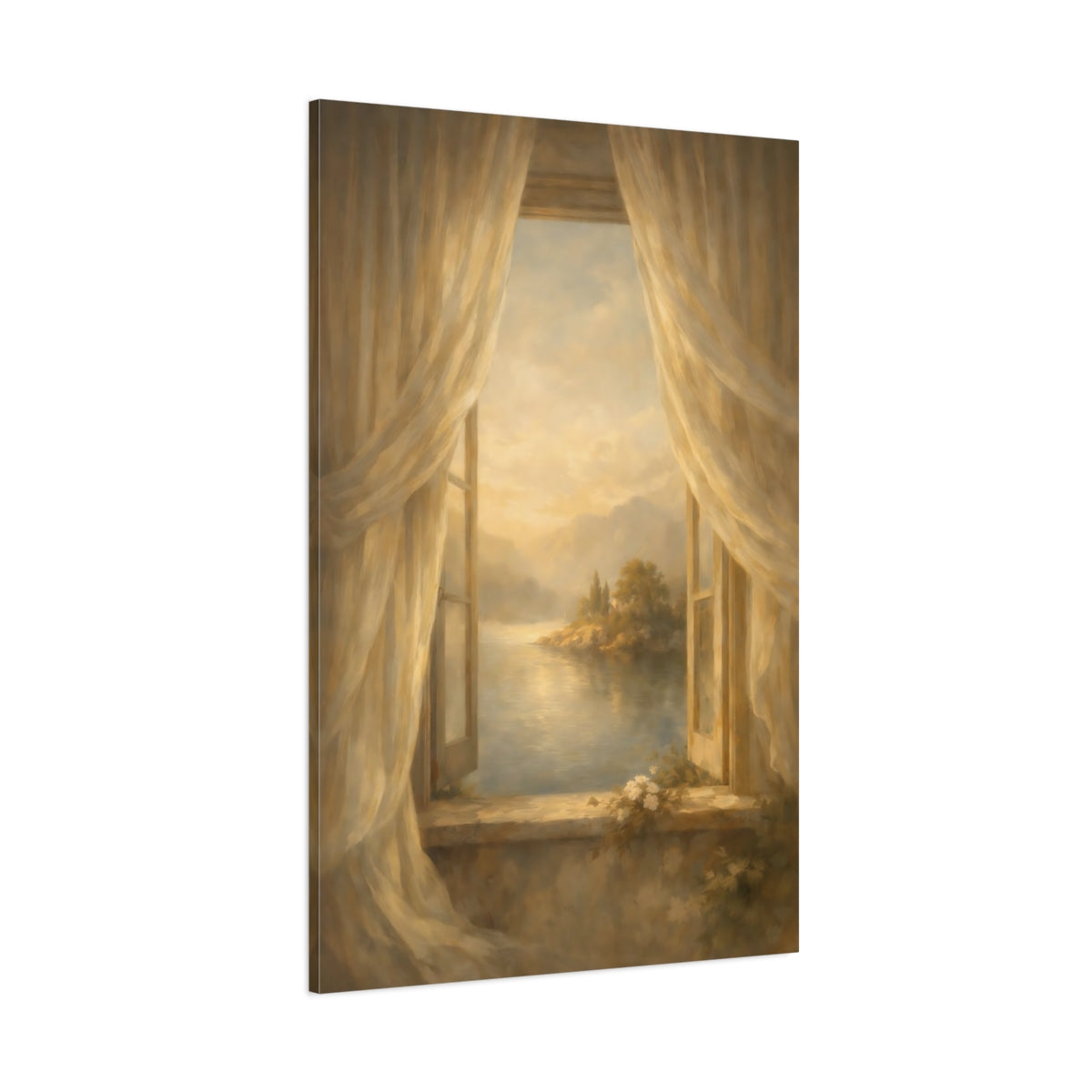 Main Mockup. Nature Lake View Warm Golden Lake shown as stretched canvas wall art