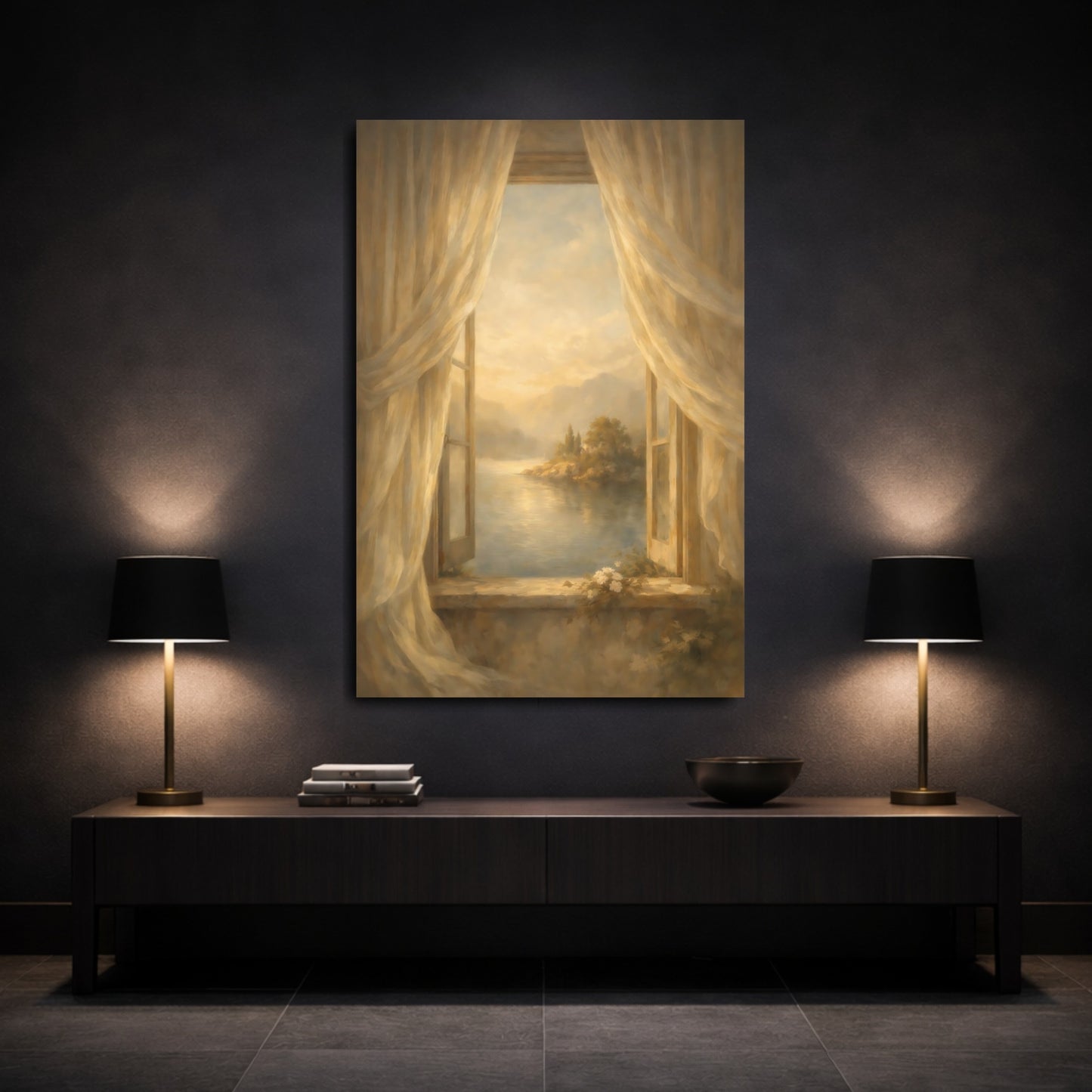 Mockup 2. Nature Lake View Warm Golden Lake shown as stretched canvas wall art