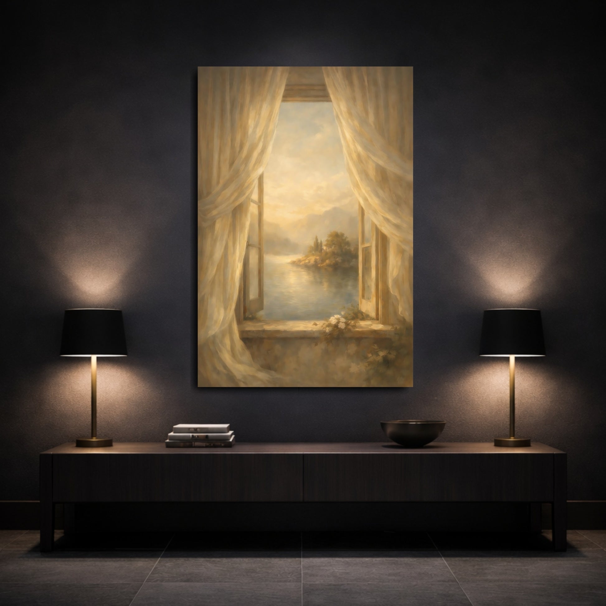 Mockup 2. Nature Lake View Warm Golden Lake shown as stretched canvas wall art