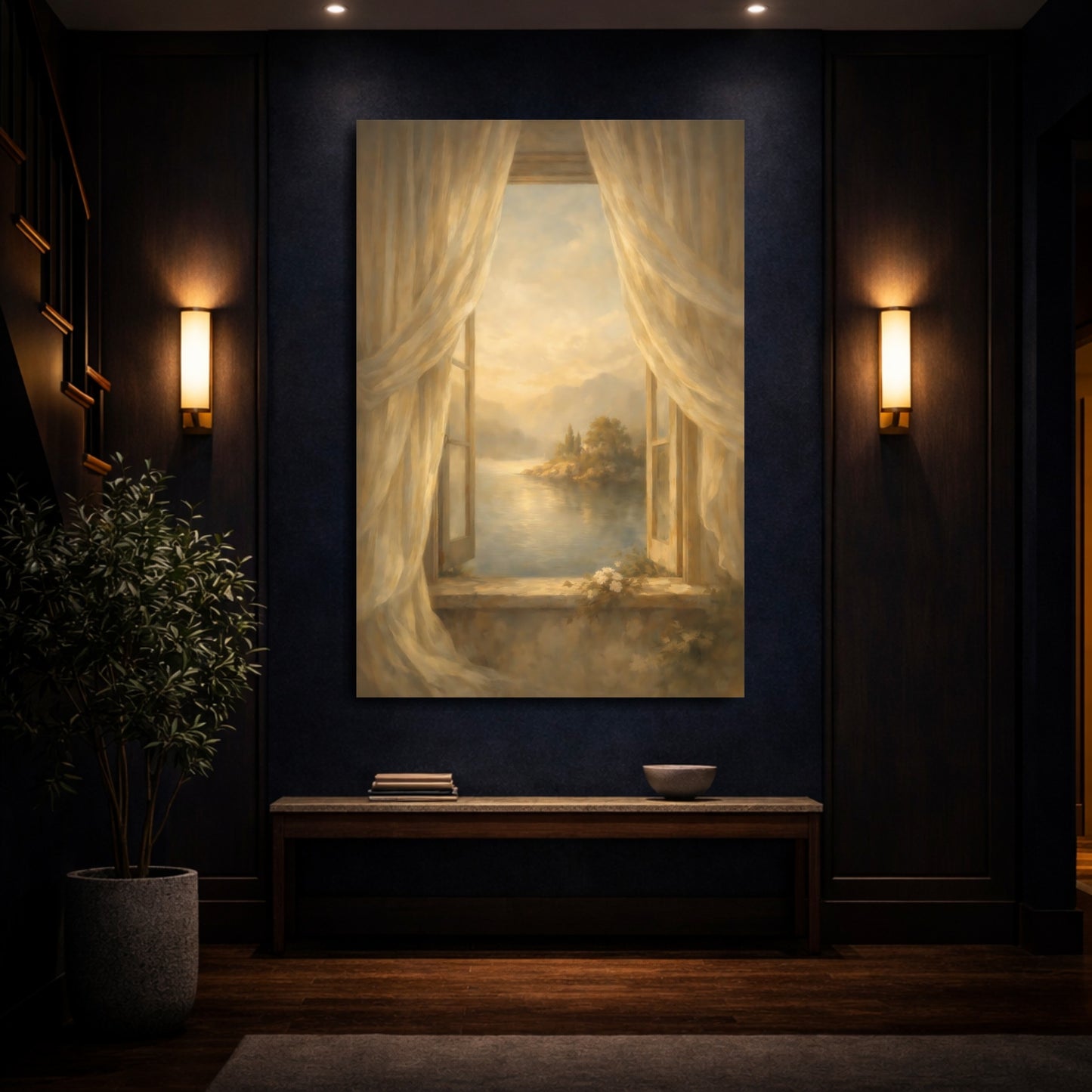 Mockup 3. Nature Lake View Warm Golden Lake shown as stretched canvas wall art