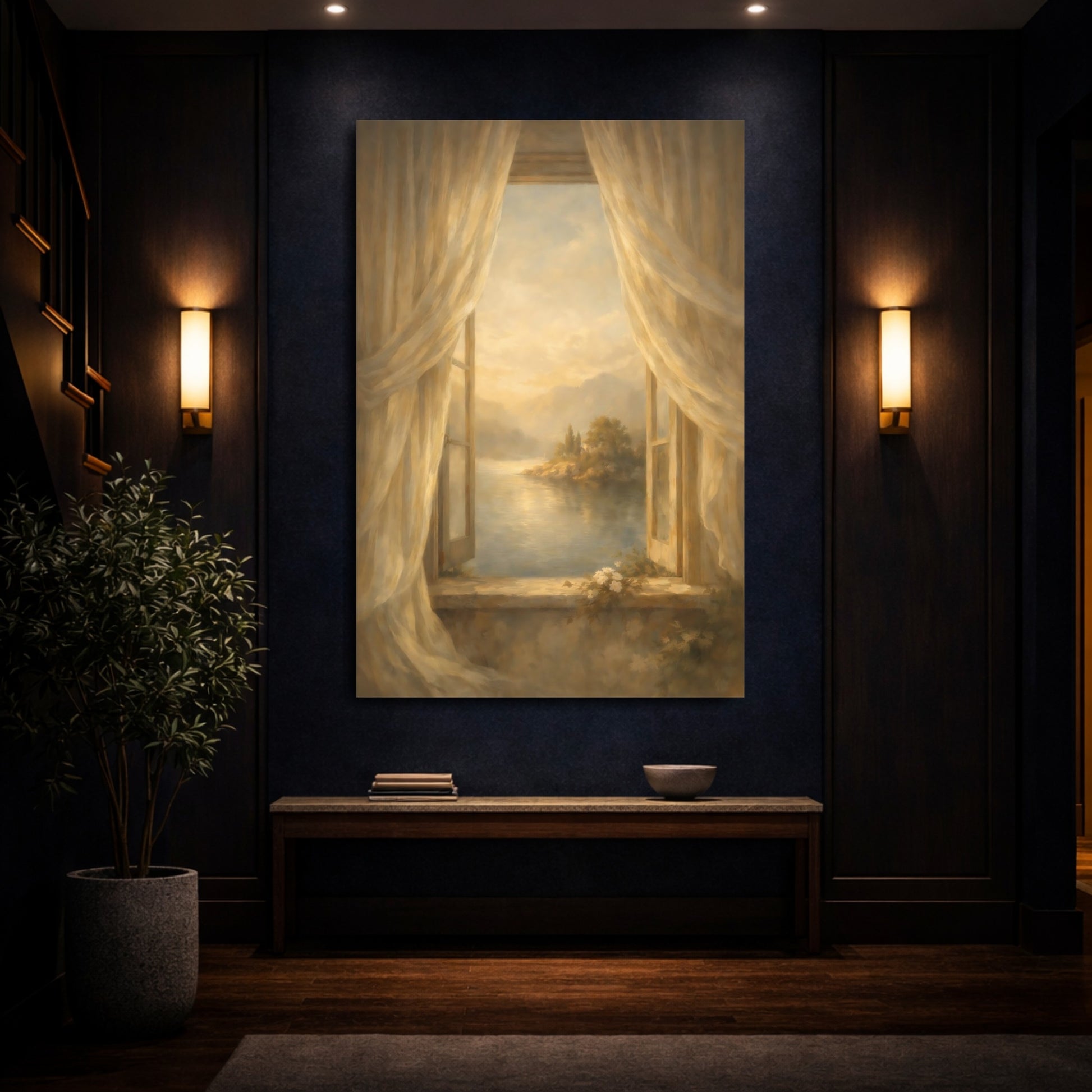 Mockup 3. Nature Lake View Warm Golden Lake shown as stretched canvas wall art