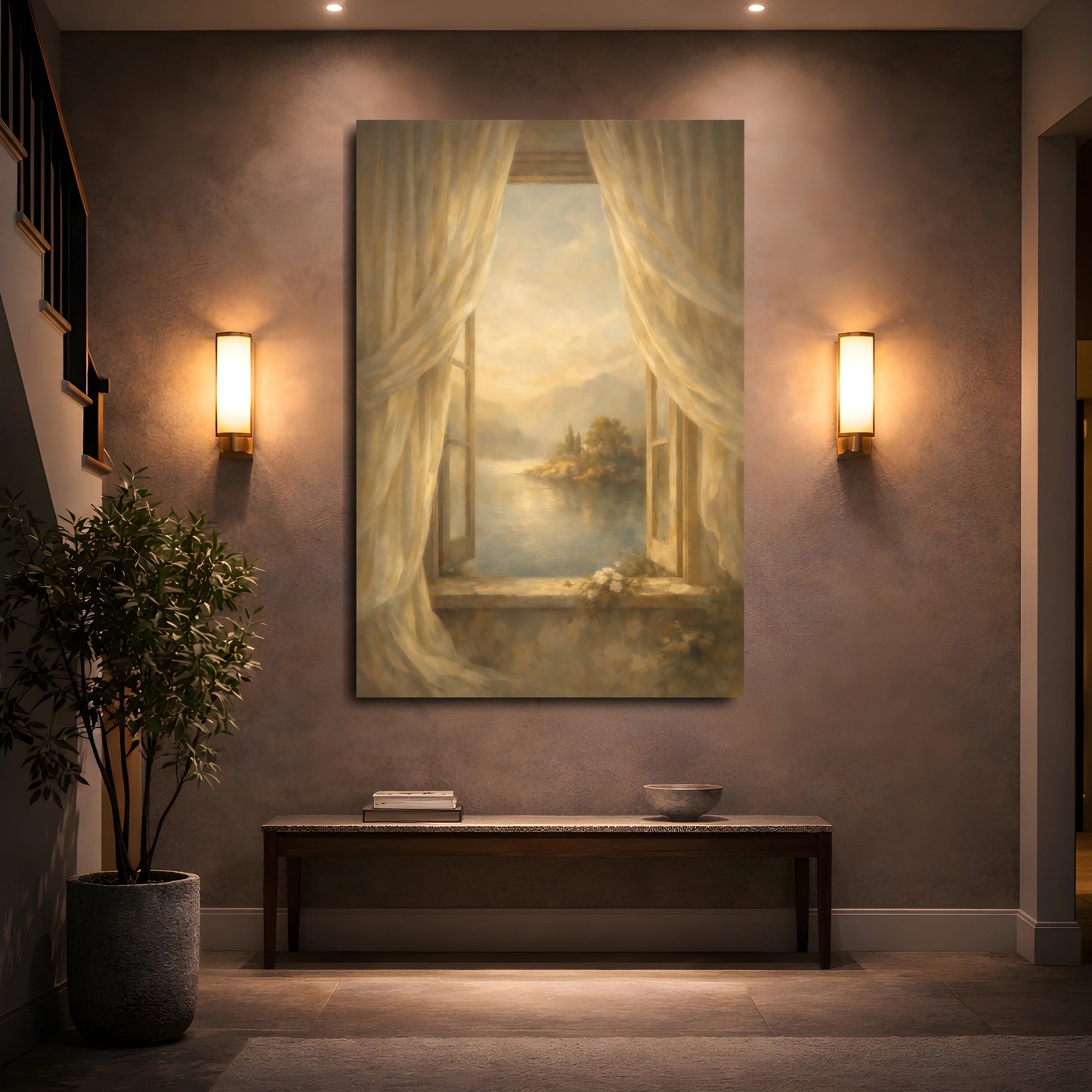 Mockup 4. Nature Lake View Warm Golden Lake shown as stretched canvas wall art