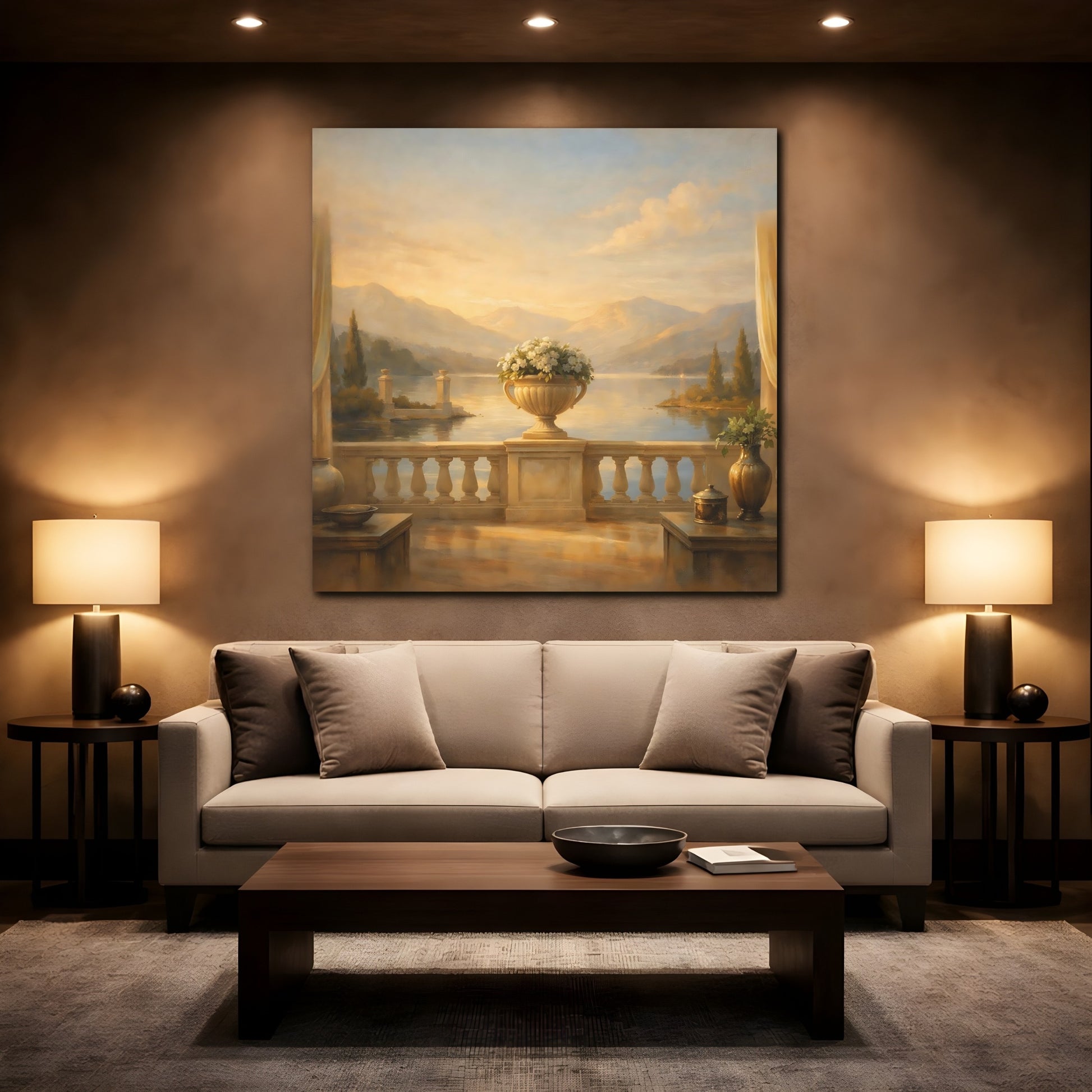 Mockup 2. Nature Lake View Warm Lake Landscape shown as stretched canvas wall art