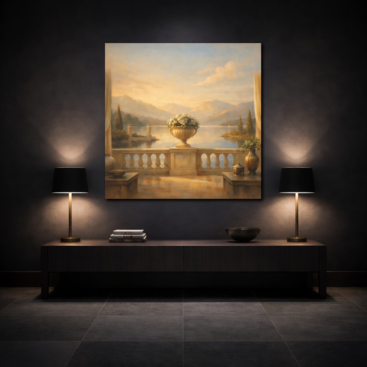 Mockup 3. Nature Lake View Warm Lake Landscape shown as stretched canvas wall art