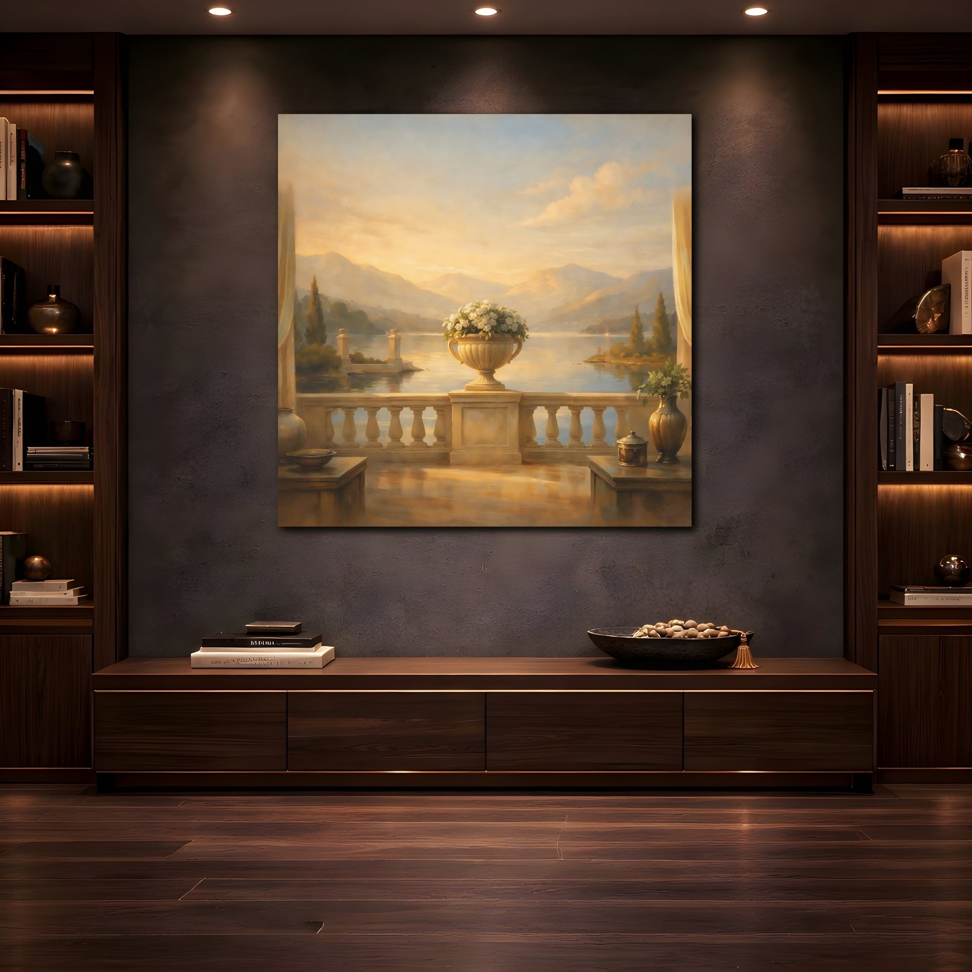 Mockup 4. Nature Lake View Warm Lake Landscape shown as stretched canvas wall art