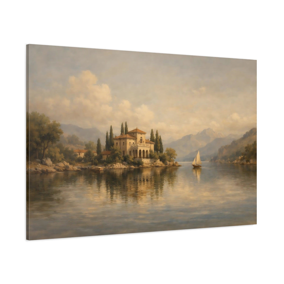 Main Mockup. Nature Lake Villa Mediterranean Landscape shown as stretched canvas wall art