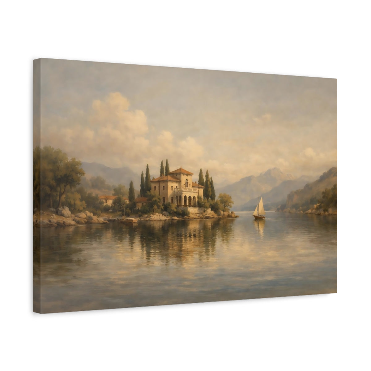 Side Mockup 3. Nature Lake Villa Mediterranean Landscape shown as stretched canvas wall art