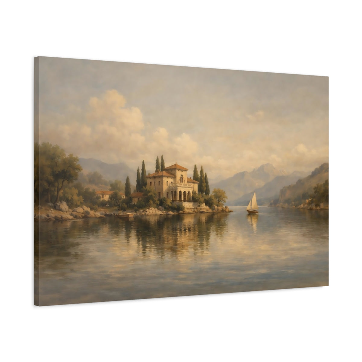 Side Mockup 1. Nature Lake Villa Mediterranean Landscape shown as stretched canvas wall art