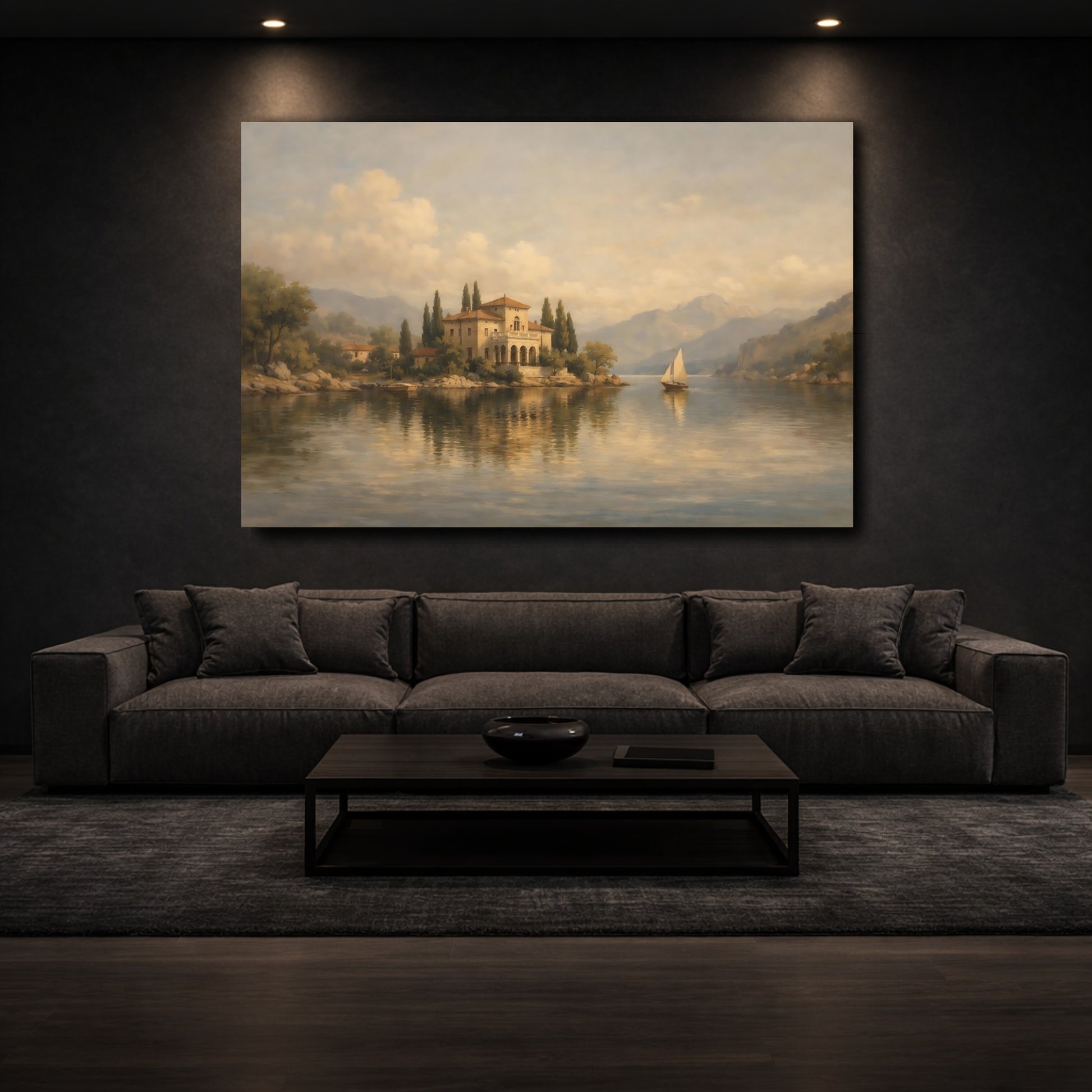 Mockup 2. Nature Lake Villa Mediterranean Landscape shown as stretched canvas wall art