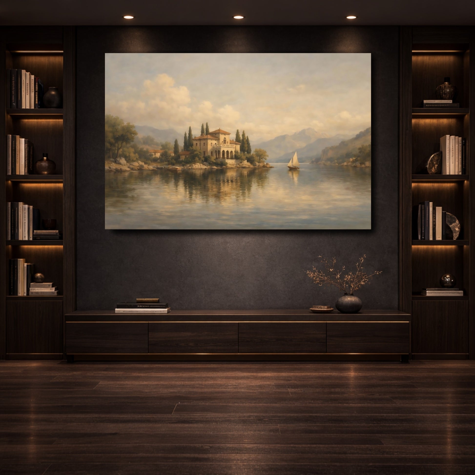 Mockup 3. Nature Lake Villa Mediterranean Landscape shown as stretched canvas wall art
