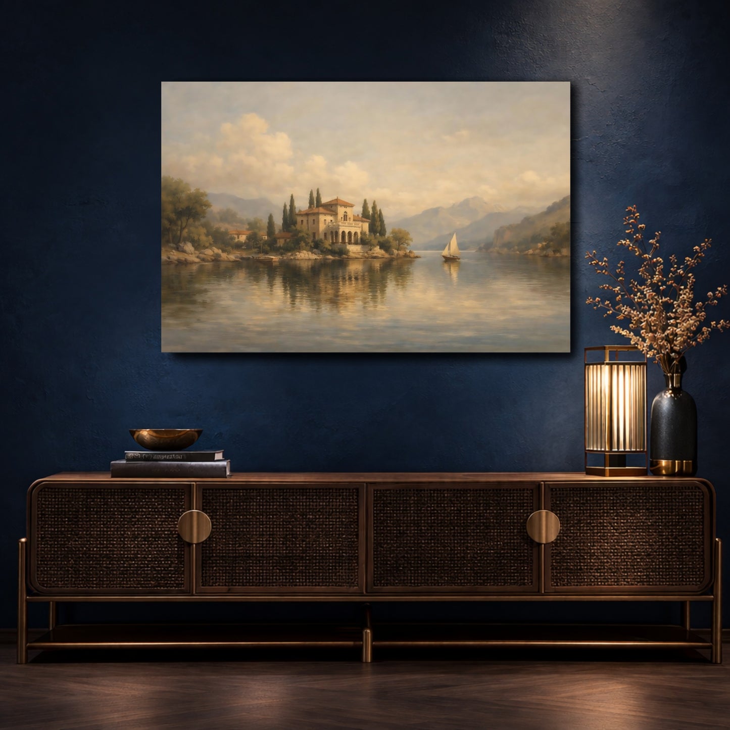 Mockup 4. Nature Lake Villa Mediterranean Landscape shown as stretched canvas wall art