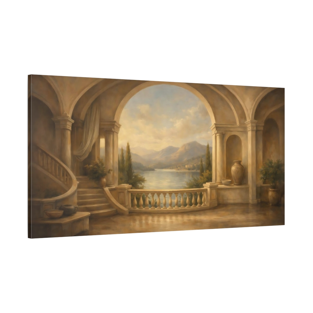 Main Mockup. Nature Lake Vista Warm Mediterranean shown as stretched canvas wall art