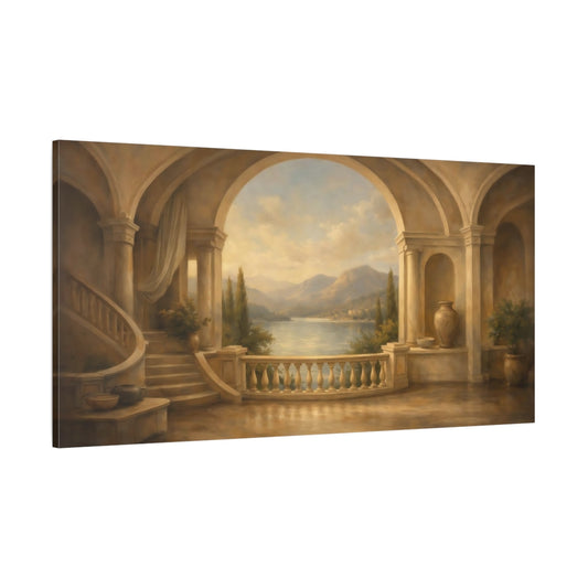 Main Mockup. Nature Lake Vista Warm Mediterranean shown as stretched canvas wall art