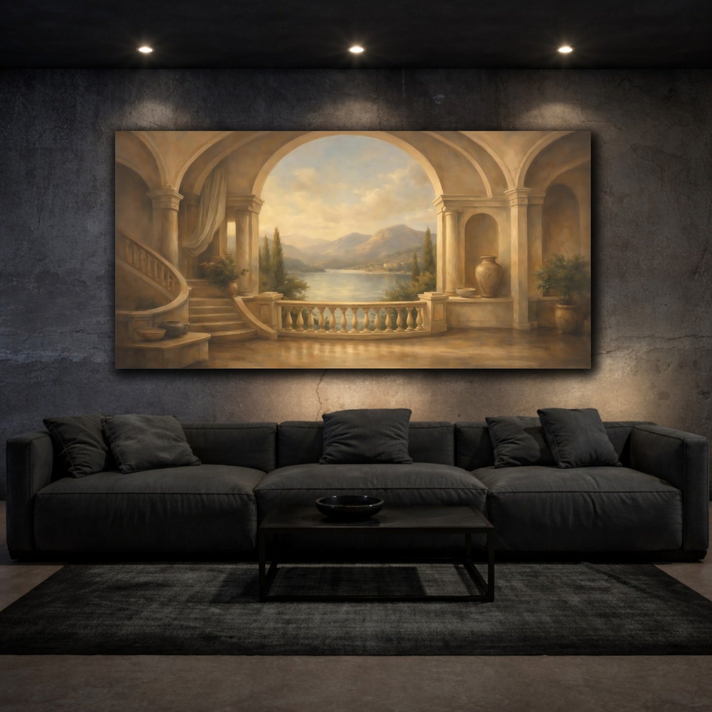 Mockup 2. Nature Lake Vista Warm Mediterranean shown as stretched canvas wall art