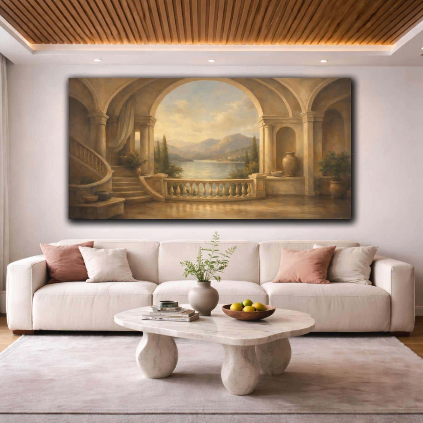 Mockup 3. Nature Lake Vista Warm Mediterranean shown as stretched canvas wall art
