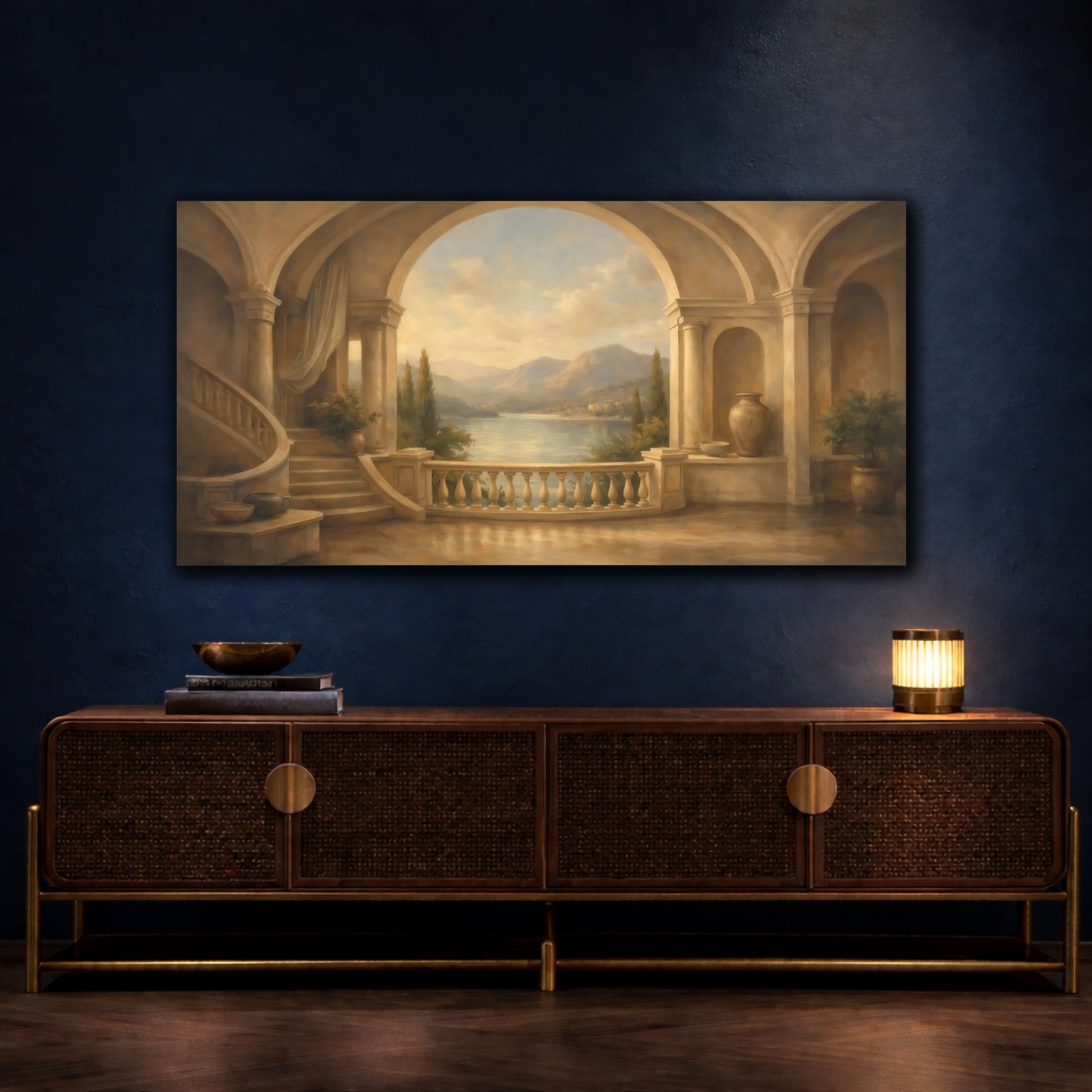 Mockup 4. Nature Lake Vista Warm Mediterranean shown as stretched canvas wall art