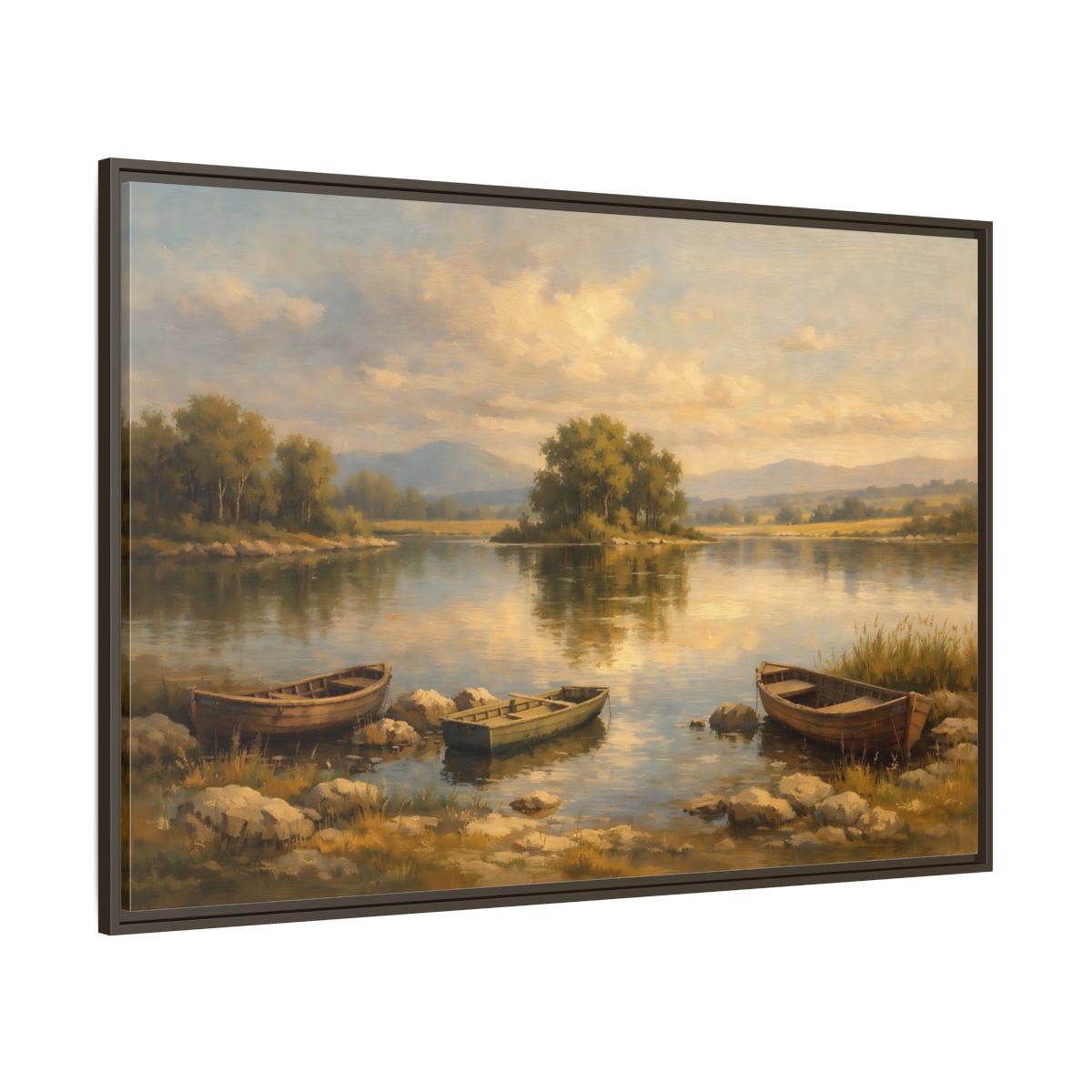 Main Mockup. Nature Lake With Boats Warm Lake Scene shown as stretched canvas wall art