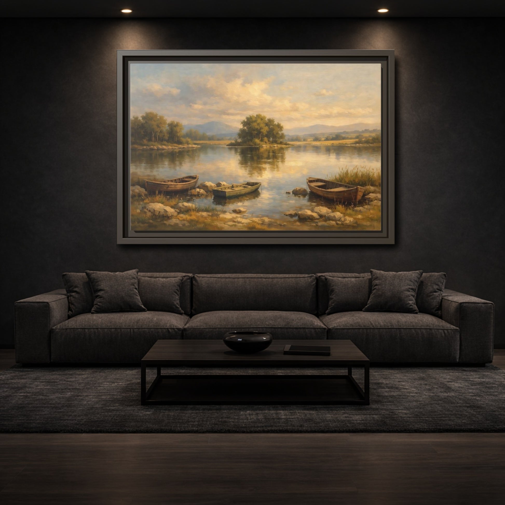 Mockup 2. Nature Lake With Boats Warm Lake Scene shown as stretched canvas wall art