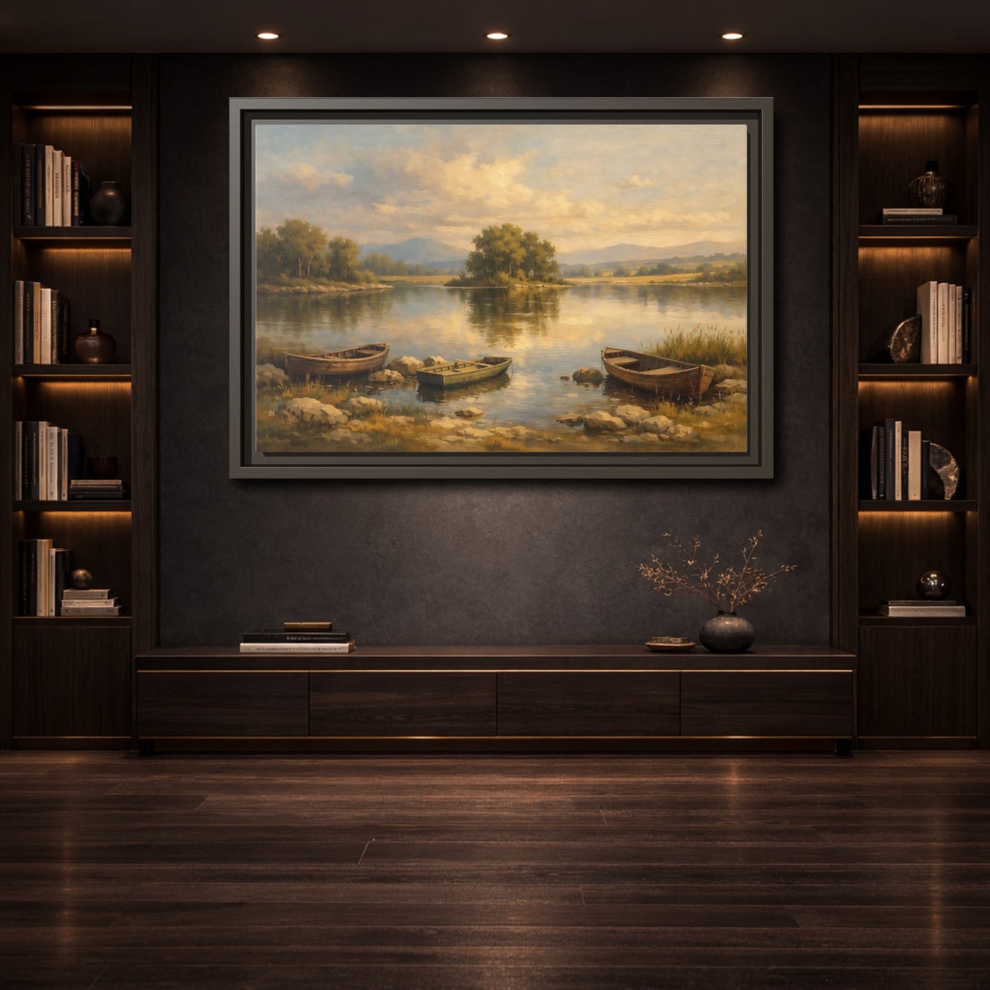 Mockup 3. Nature Lake With Boats Warm Lake Scene shown as stretched canvas wall art