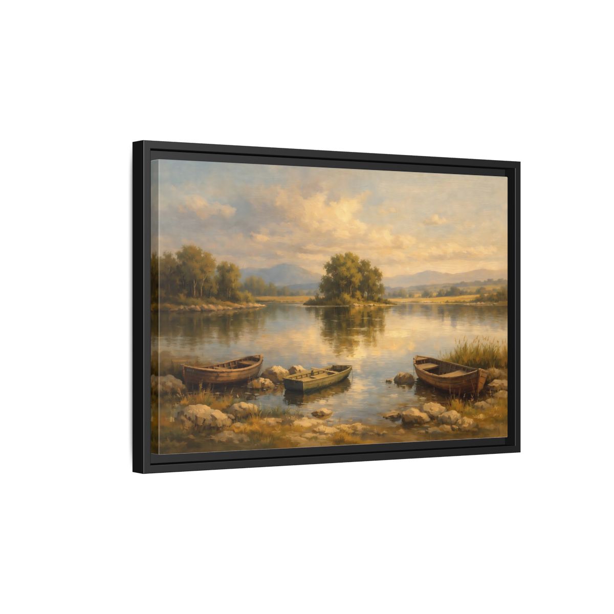 Side Mockup 3. Nature Lake With Boats Warm Lake Scene shown as stretched canvas wall art
