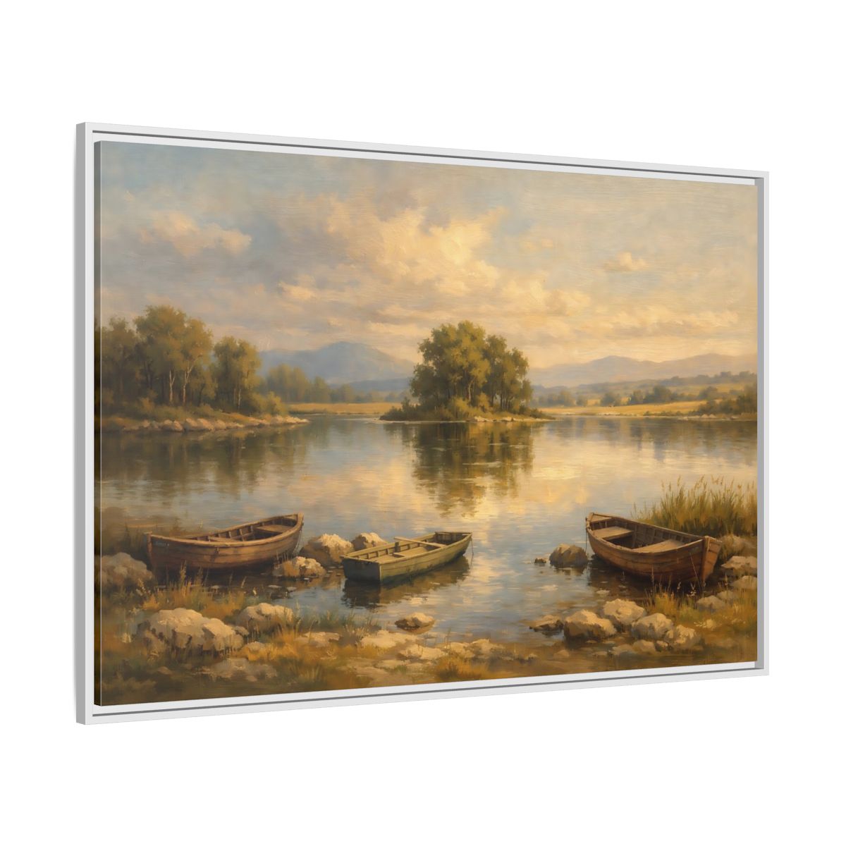 Side Mockup 7. Nature Lake With Boats Warm Lake Scene shown as stretched canvas wall art