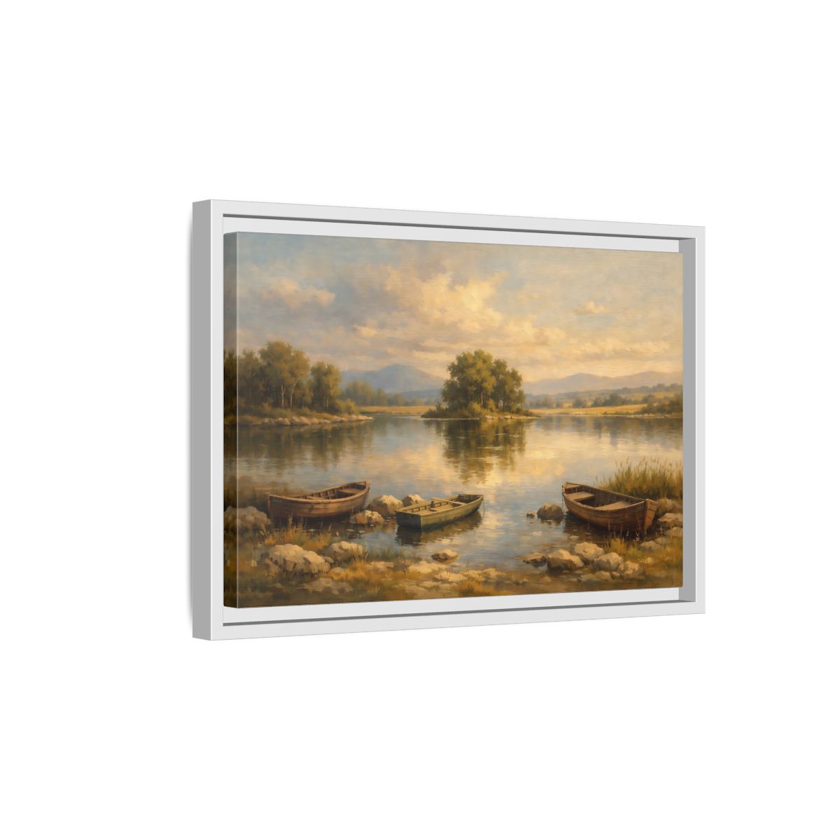 Side Mockup 4. Nature Lake With Boats Warm Lake Scene shown as stretched canvas wall art