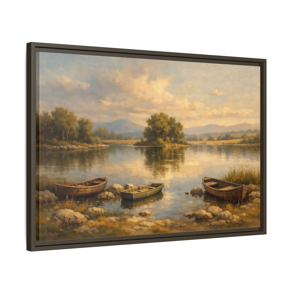 Side Mockup 11. Nature Lake With Boats Warm Lake Scene shown as stretched canvas wall art