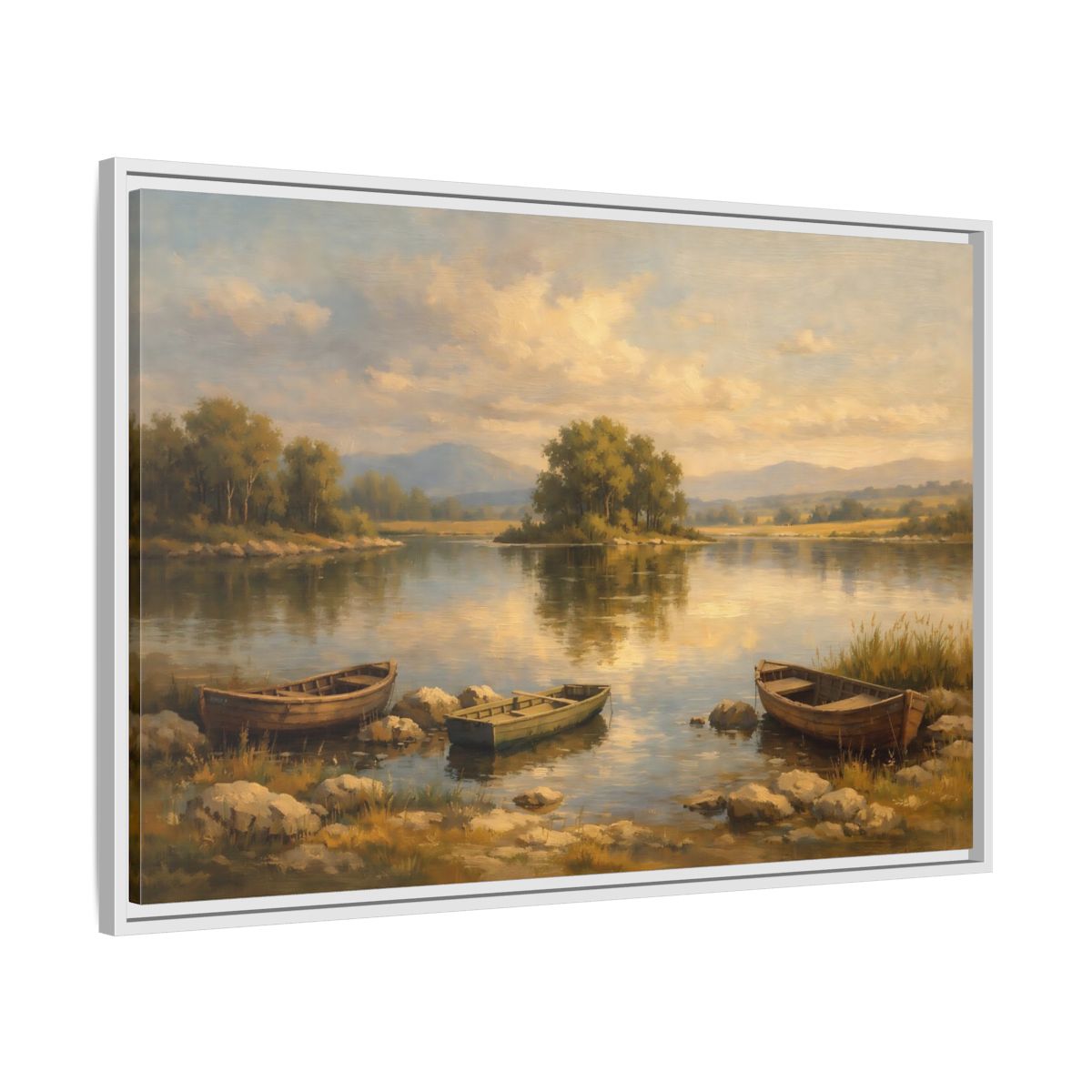 Side Mockup 8. Nature Lake With Boats Warm Lake Scene shown as stretched canvas wall art