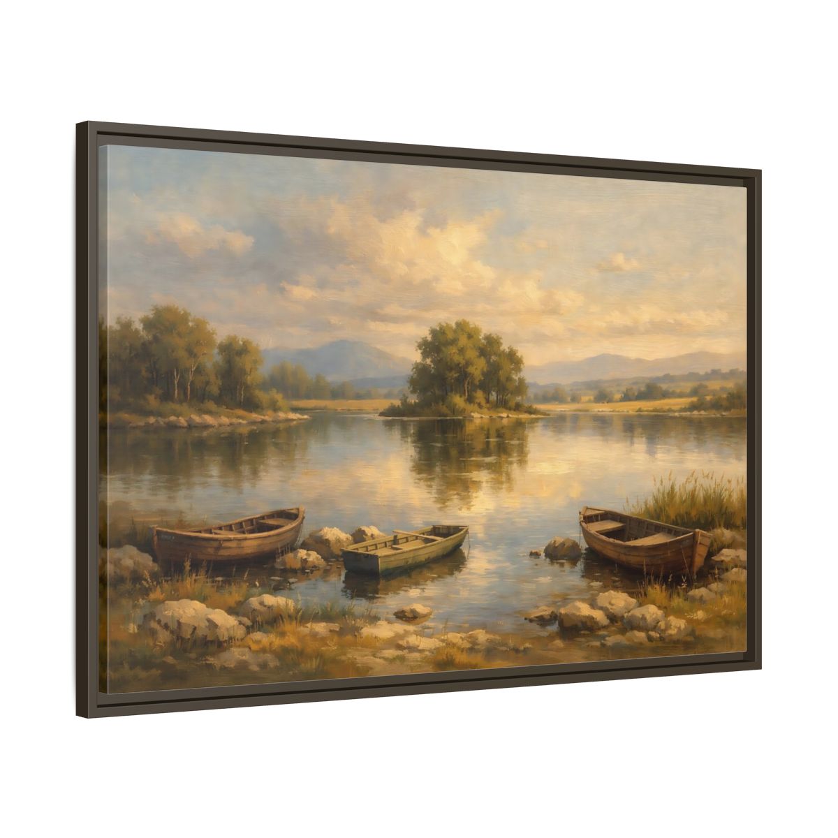 Side Mockup 9. Nature Lake With Boats Warm Lake Scene shown as stretched canvas wall art