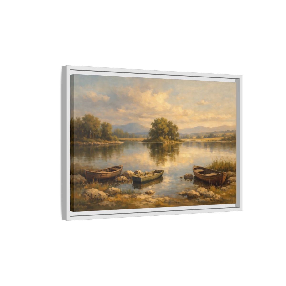 Side Mockup 1. Nature Lake With Boats Warm Lake Scene shown as stretched canvas wall art