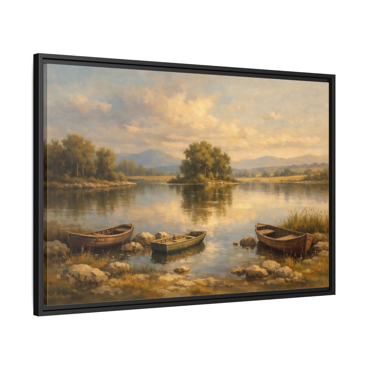 Side Mockup 13. Nature Lake With Boats Warm Lake Scene shown as stretched canvas wall art