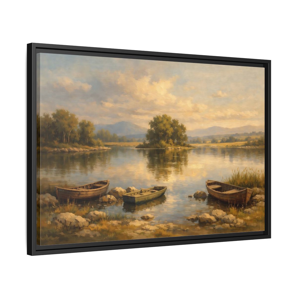 Side Mockup 14. Nature Lake With Boats Warm Lake Scene shown as stretched canvas wall art