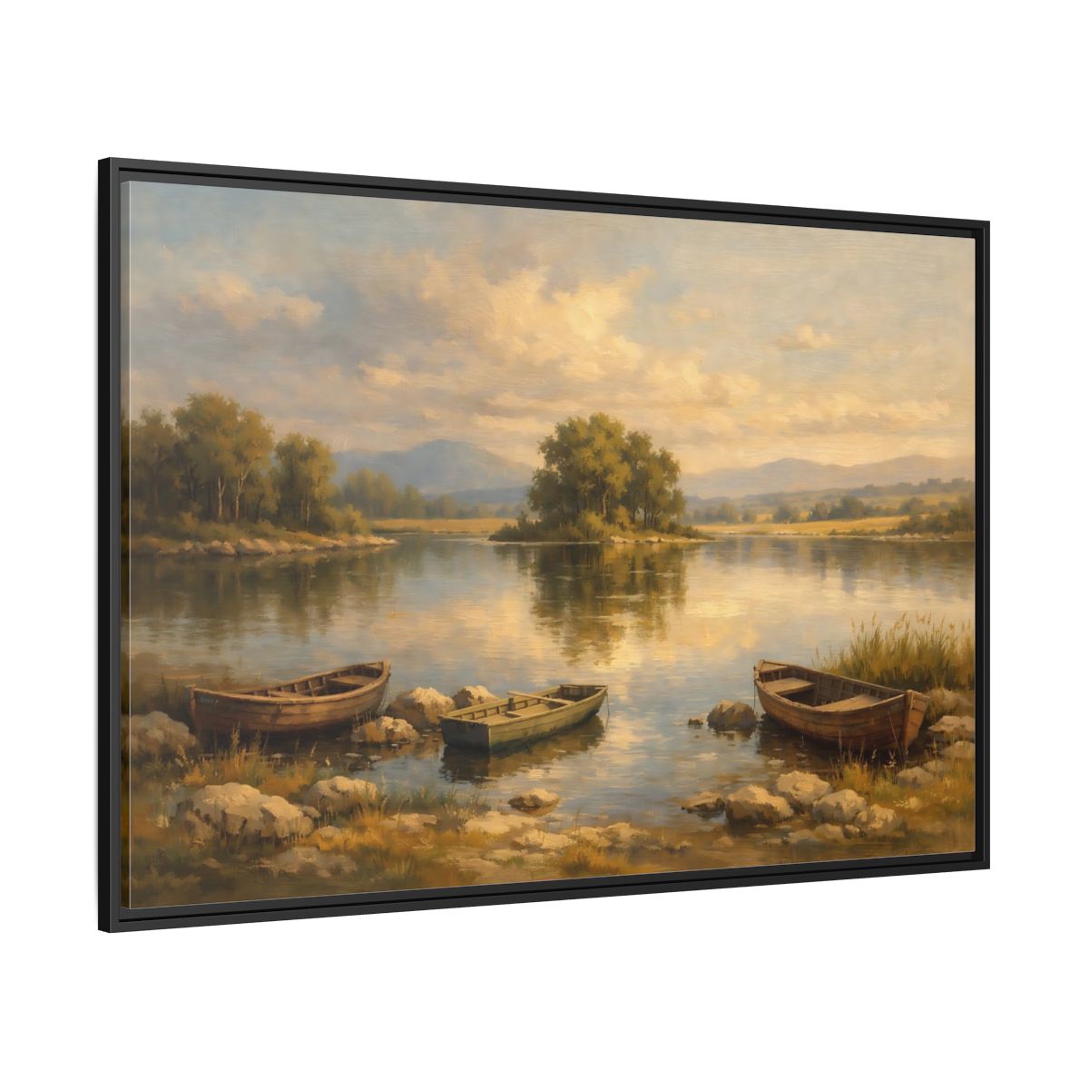 Side Mockup 12. Nature Lake With Boats Warm Lake Scene shown as stretched canvas wall art