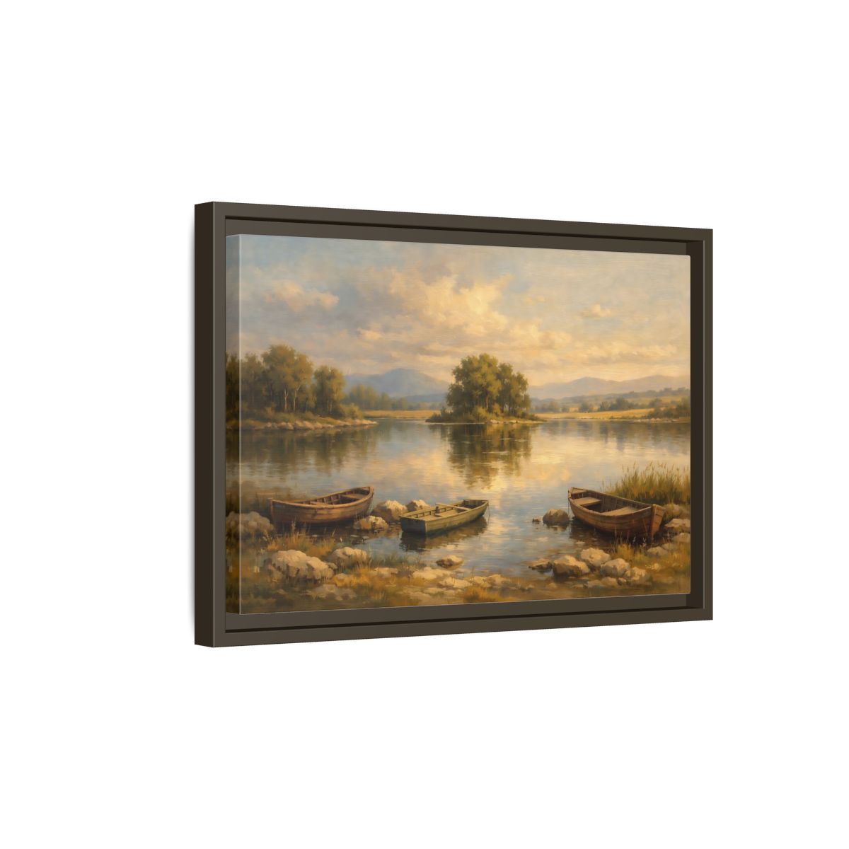 Side Mockup 5. Nature Lake With Boats Warm Lake Scene shown as stretched canvas wall art