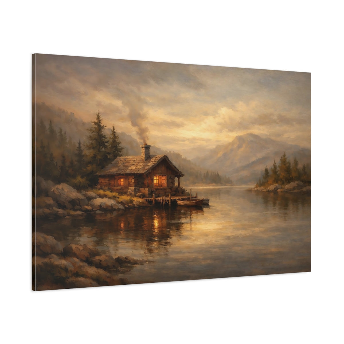 Main Mockup. Nature Lakeside Cabin Golden Lake Cabin shown as stretched canvas wall art