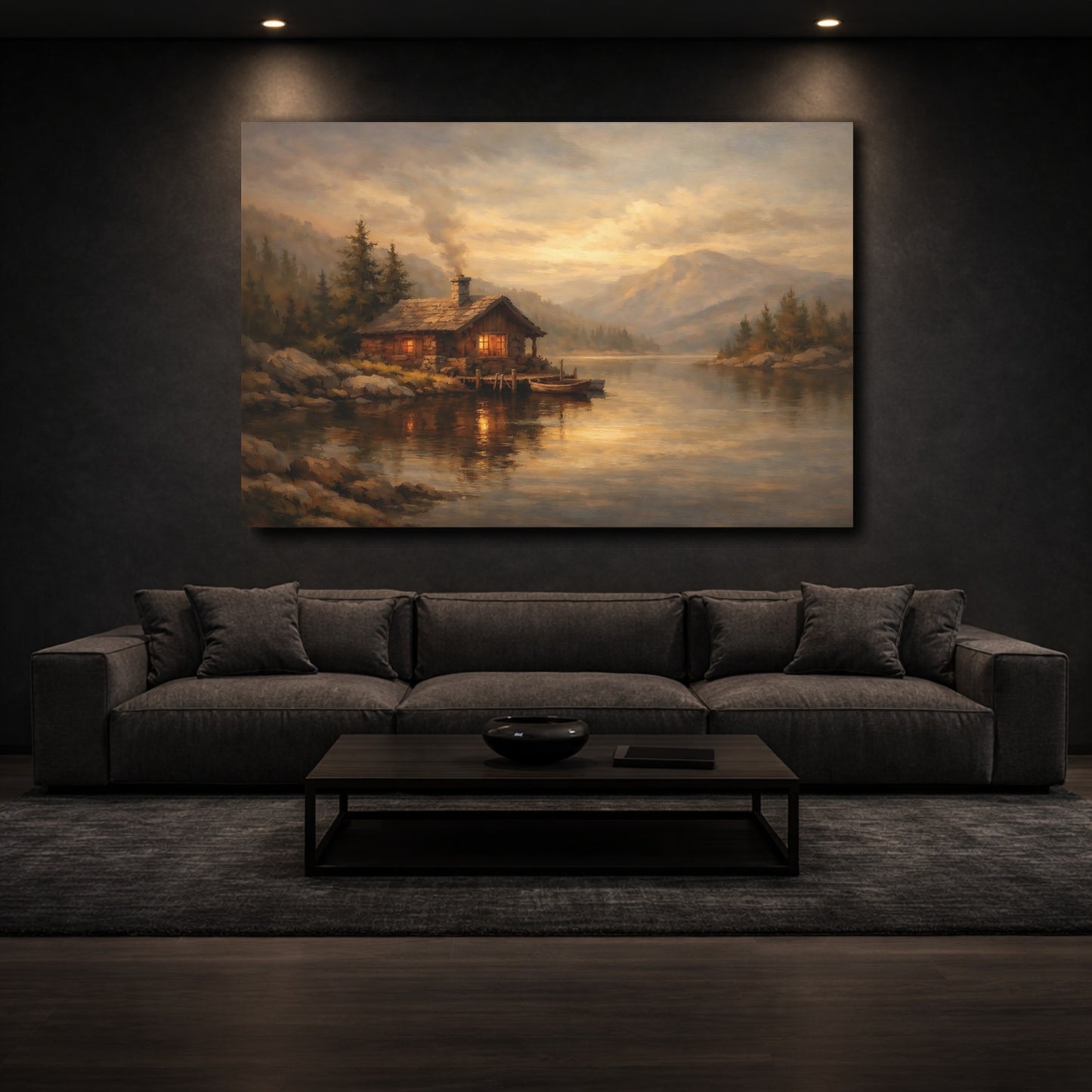 Mockup 2. Nature Lakeside Cabin Golden Lake Cabin shown as stretched canvas wall art